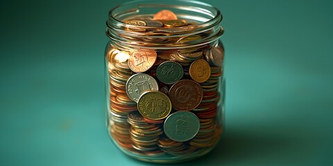 Financial Growth Concept: Glass Jar with Assorted Coins Symbolizing Savings and Investment on Soft Green Background