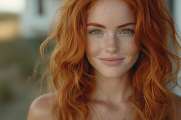 Portrait of a smiling, beautiful woman with red hair and freckles, standing in front of a white church in a countryside landscape.