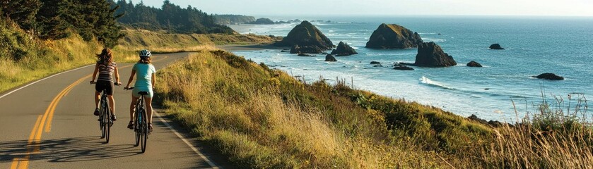 Two cyclists enjoy a scenic ride along a coastal road with stunning ocean views and rocky formations in the background.