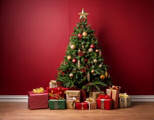 A beautifully decorated Christmas tree stands against a rich red wall, surrounded by an array of colorful wrapped gifts, creating a warm and festive holiday atmosphere.