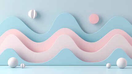 Poster - Abstract pastel blue and pink paper wave background. Minimalist design with 3D sphere and geometric shapes for product display or branding.