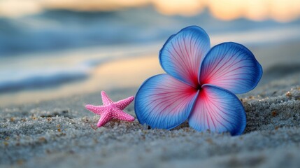 Poster - Blue Flower and Starfish on Sandy Beach