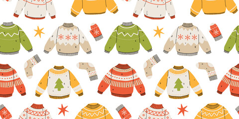 Wall Mural - Vector seamless pattern of cute winter clothes sweaters, socks, hats, mittens, scarf. Collection of ugly sweaters with norwegian ornaments.