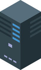 Poster - Modern server unit processing data with blue and purple indicators is presented in an isometric view