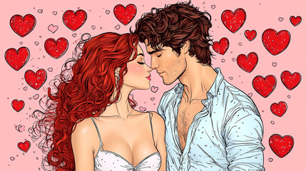 Poster - A man and a woman are kissing in a room full of hearts. The man is wearing a white shirt and the woman has red hair. The image conveys a romantic and intimate moment between the two people