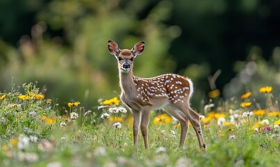 A baby deer is standing in a field of flowers