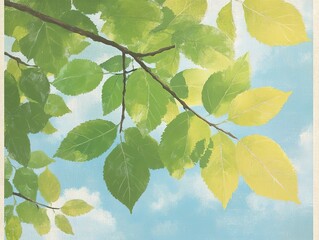 Sticker - Green Leaves Against a Blue Sky: A Tranquil Painting