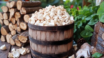 Sticker - Fresh White Mushrooms in a Wooden Barrel