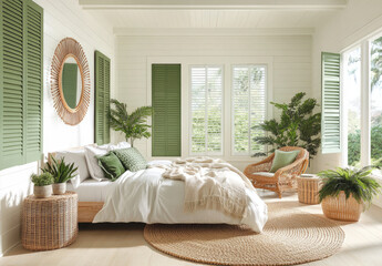 Wall Mural - Minimalist bedroom with green shutters, white walls, and pastel decor, featuring natural materials like wood and linen.