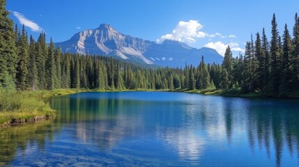 Wall Mural - Majestic Mountain Lake with Evergreen Forest