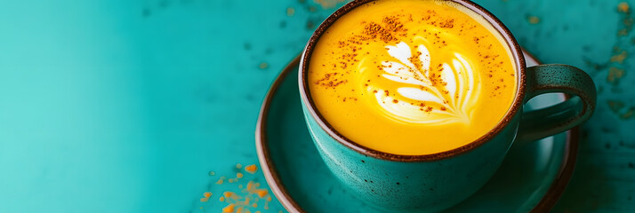 Poster - Warm mug of golden milk turmeric latte with latte art on a teal surface