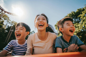 Happy Asian family, mother and two sons laughing together on a roller coaster ride, enjoying a day at the amusement park