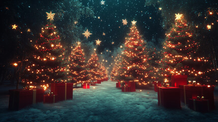 Wall Mural - Illuminated christmas trees with red and golden garlands into a forest with snowy flakes with shape of stars close to xmas gifts in red boxes , Generative AI illustration
