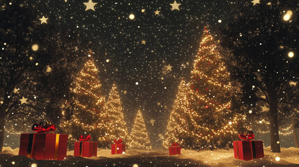 Wall Mural - Illuminated christmas trees with red and golden garlands into a forest with snowy flakes with shape of stars close to xmas gifts in red boxes , Generative AI illustration

