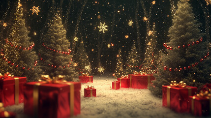 Wall Mural - Illuminated christmas trees with red and golden garlands into a forest with snowy flakes with shape of stars close to xmas gifts in red boxes , Generative AI illustration
