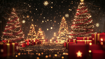 Wall Mural - Illuminated christmas trees with red and golden garlands into a forest with snowy flakes with shape of stars close to xmas gifts in red boxes , Generative AI illustration
