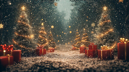 Wall Mural - Illuminated christmas trees with red and golden garlands into a forest with snowy flakes with shape of stars close to xmas gifts in red boxes , Generative AI illustration
