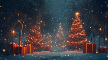 Wall Mural - Illuminated christmas trees with red and golden garlands into a forest with snowy flakes with shape of stars close to xmas gifts in red boxes , Generative AI illustration
