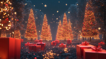 Wall Mural - Illuminated christmas trees with red and golden garlands into a forest with snowy flakes with shape of stars close to xmas gifts in red boxes , Generative AI illustration
