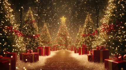 Wall Mural - Illuminated christmas trees with red and golden garlands into a forest with snowy flakes with shape of stars close to xmas gifts in red boxes , Generative AI illustration
