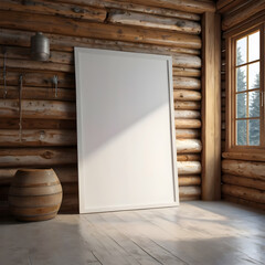 Empty white poster mockup in log home style interior theme.