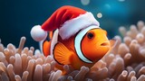 Cheerful Clownfish in Santa Hat Hiding in Anemone Underwater Coral Reef