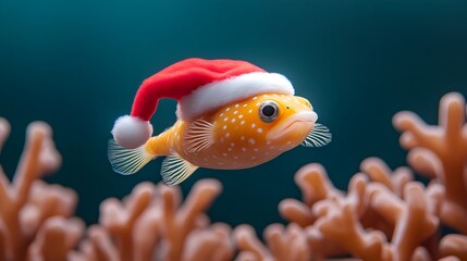 Festive Pufferfish Wearing Santa Hat Floating Amidst Vibrant Coral Reef