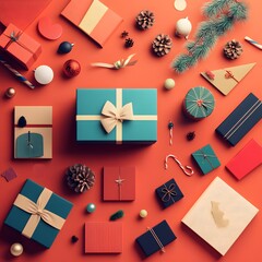 christmas office decor catalog flat design top view festive presents creative theme animation split-complementary color scheme 