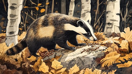 Wall Mural - Watercolor illustration of a badger in an autumn forest.