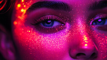 Poster - Close-up of an eye surrounded by bright magenta sparkles, creating a vibrant and modern artistic expression.