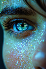 Poster - A close view of an eye with glitter and a reflection of code, combining the sparkle of life with digital elements.