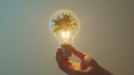 sustainable environment and nature protection. hand holding lightbulb with growing tree inside in clean environment. creative idea for sustainable development goal in renewable energy. 3D vector.