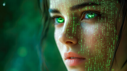 Poster - A face with strong eye contact features digital data code overlay, suggesting a connection to virtual worlds and possibilities.