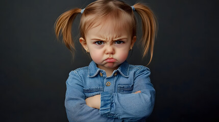 Sticker - Adorable toddler girl with pigtails wearing denim shirt, arms crossed, and frowning intensely at camera, showcasing a classic childhood pout expression.