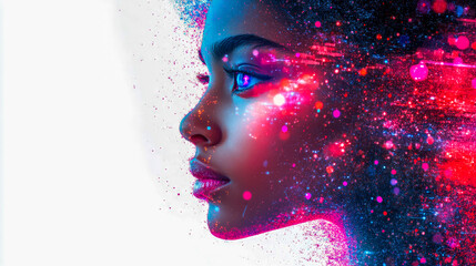 Poster - Colorful, dynamic profile of a woman surrounded by abstract lights and particles, representing creativity and futuristic imagination.