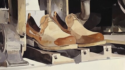 Wall Mural - Close-up of Vintage Leather Shoes on Industrial Machinery