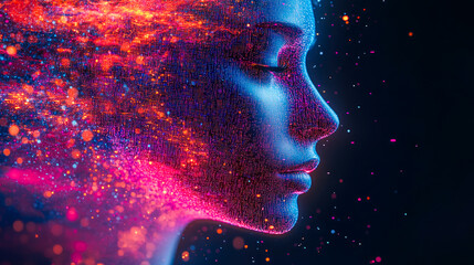 Poster - A digital woman's profile with vibrant particles and abstract effects, representing dynamic energy and futuristic digital artistry.