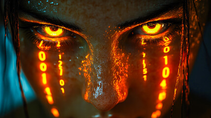 Poster - Futuristic imagery of a face with long strings of glowing digits cascading elegantly in a high-tech digital art style.