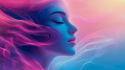 Poster - A colorful profile of a face with flowing hair, symbolizing the blend of human imagination and digital art, surreal and vivid.