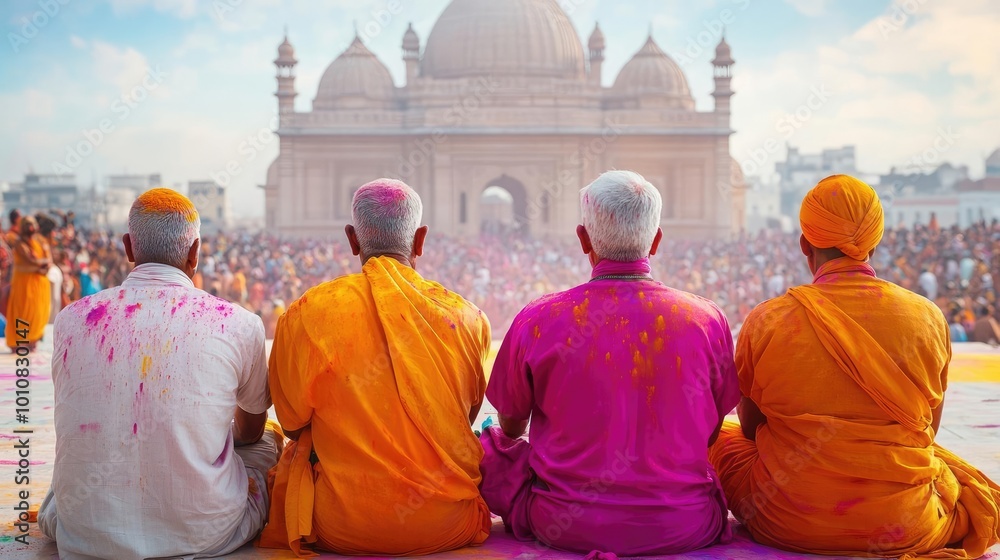 Holi festival in historic Indian city, people performing religious ...