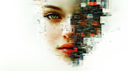 Poster - A close-up view of a woman's green eye partially obscured by digital noise, illustrating technology's impact on perception.