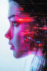 Poster - A side profile of a woman with a digital crimson overlay, representing the convergence of human identity in a technological age.