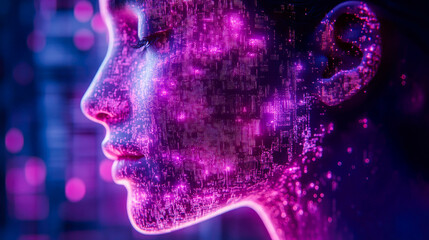 Poster - A side profile with shimmering violet pixels, portraying a harmonious blend of humanity and technology in vibrant style.