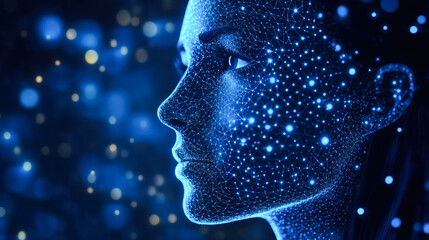Poster - A futuristic portrayal of a human face rendered in a mesh of blue lights, suggesting a digital flow of information.