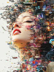 Poster - A female face merged with a colorful collage, symbolizing diverse identities and cultures through abstract digital art.
