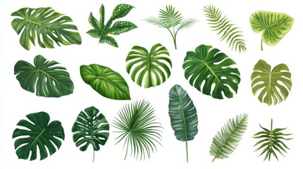 Wall Mural - Collection of tropical leaves isolated on white background.