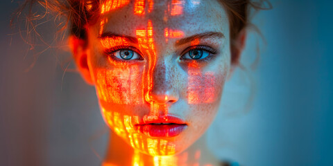 Poster - A red-haired woman with freckled face, illuminated by colorful digital patterns, creating a vibrant futuristic aesthetic.