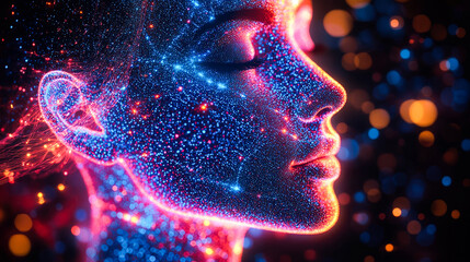 Poster - A profile of a woman adorned with neon and cosmic dots, illustrating a blend of serenity and futuristic vibes.