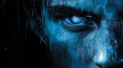 Poster - Close-up of a blue eye surrounded by a digital rain effect, reflecting depth, mystery, and technological essence.