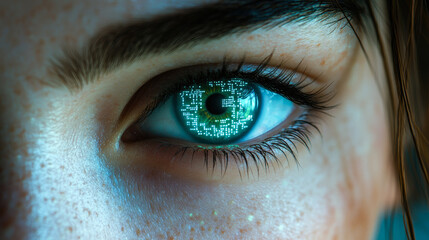 Poster - A digital sphere is enclosed within a human eye, representing the amalgamation of human perception and artificial intelligence imagery.